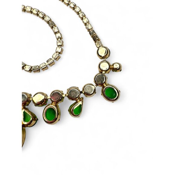 Vintage Green Jelly Glass Cab Necklace Rhinestones UV Glow Uranium Glass 40s 50s - Picture 5 of 7